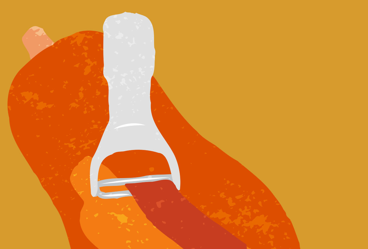 illustration of a butternut squash being peeled on a mustard coloured background