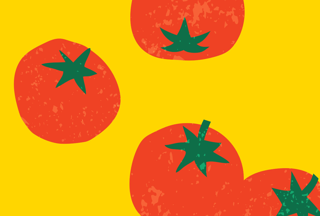 illustration of 4 tomatoes on a yellow background